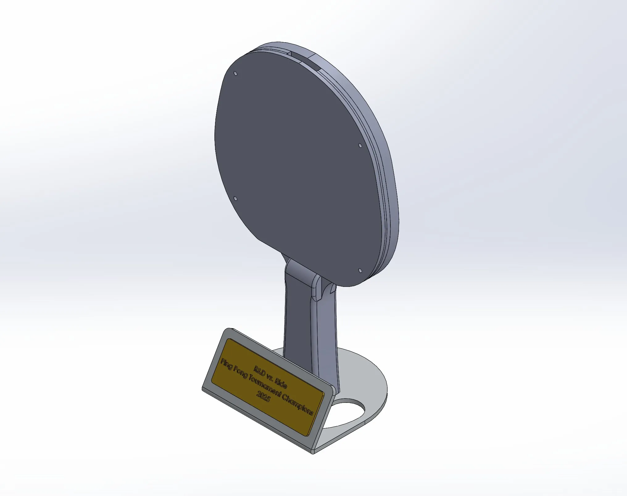 CAD render of the paddle trophy on its angled base, with an engraved plaque.
