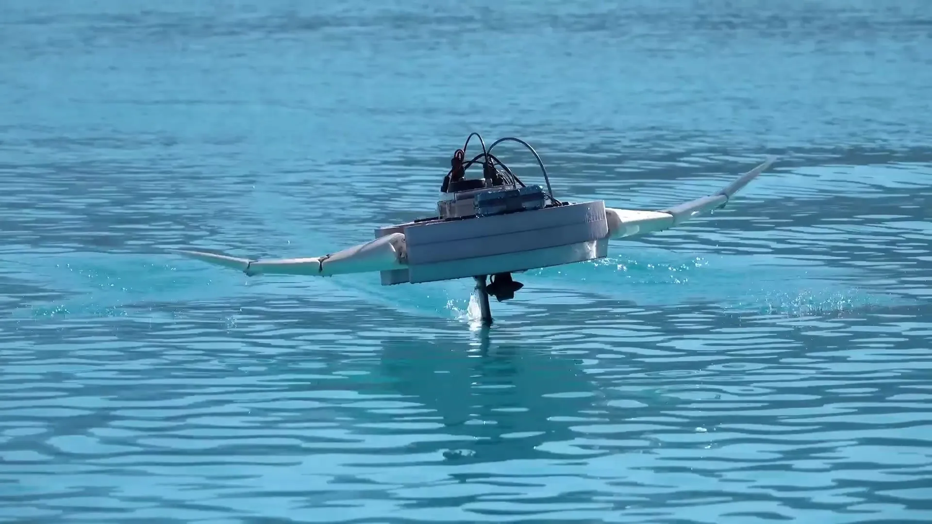 Front view of the hydrofoil animatronic gliding over the water, its wings spread wide and spray coming off the mast.