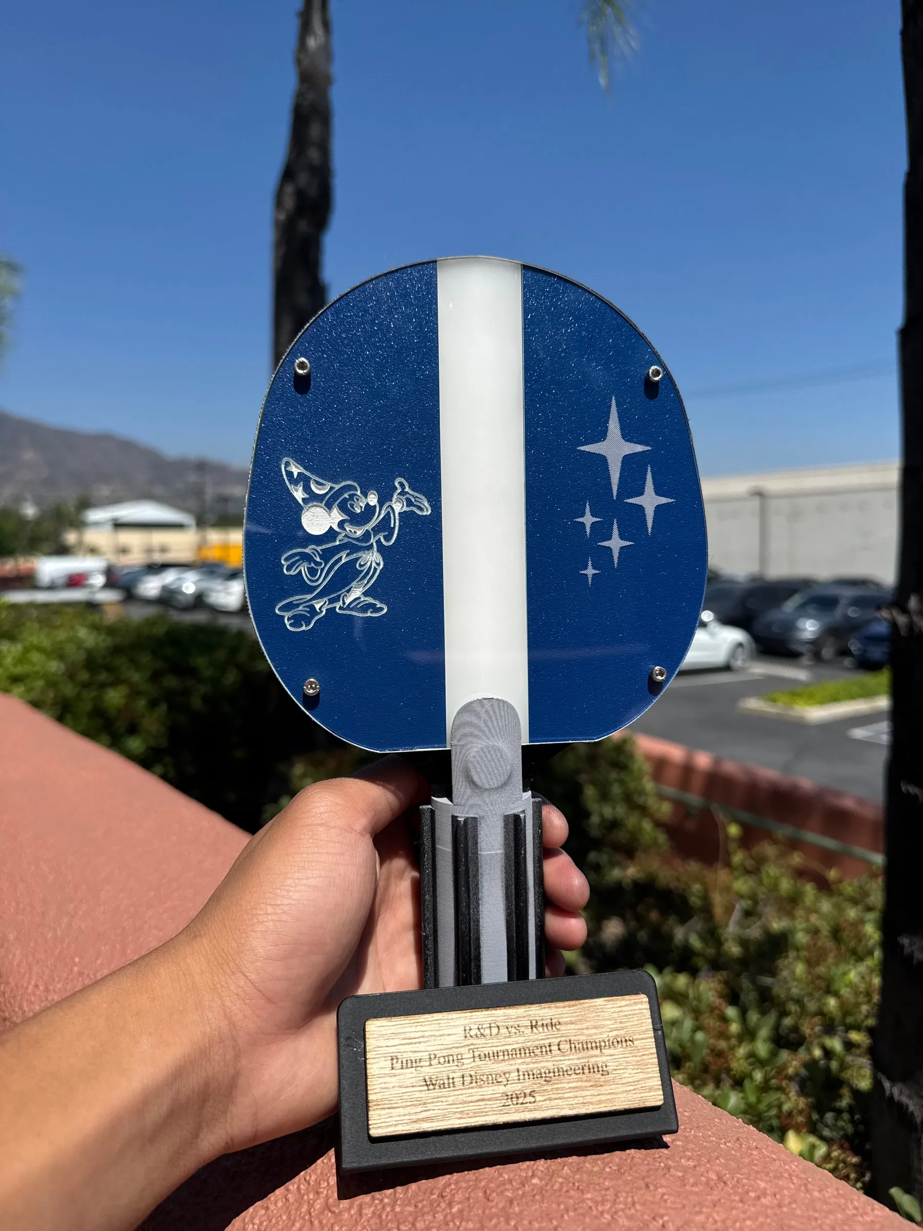The finished trophy held up outdoors against a clear blue sky.