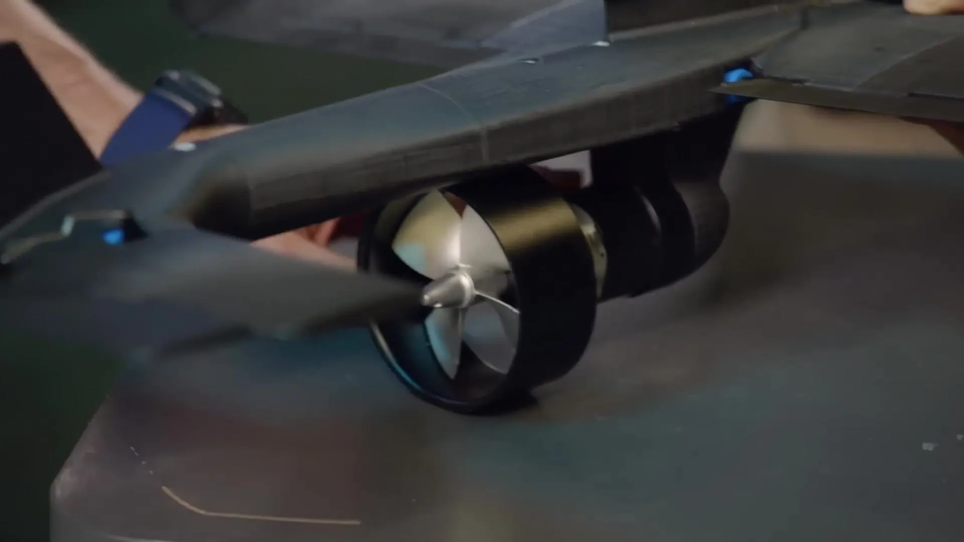 Close-up of the ducted thruster mounted under the hydrofoil wing.