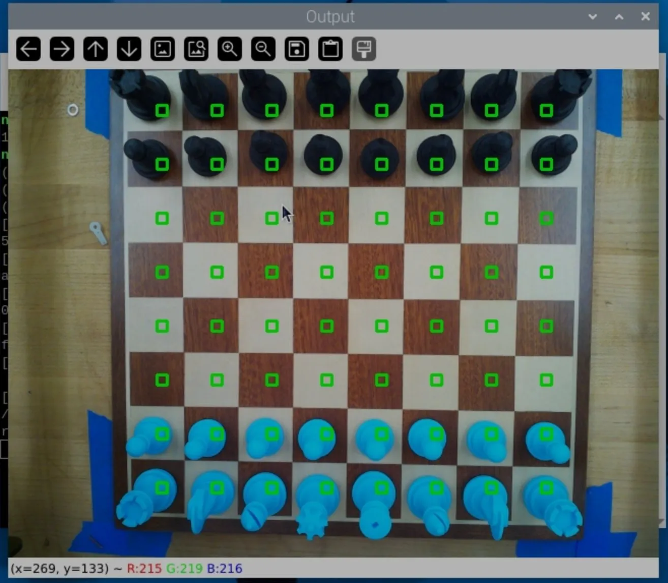 An OpenCV output window showing the board from above, with a green marker on every detected square.